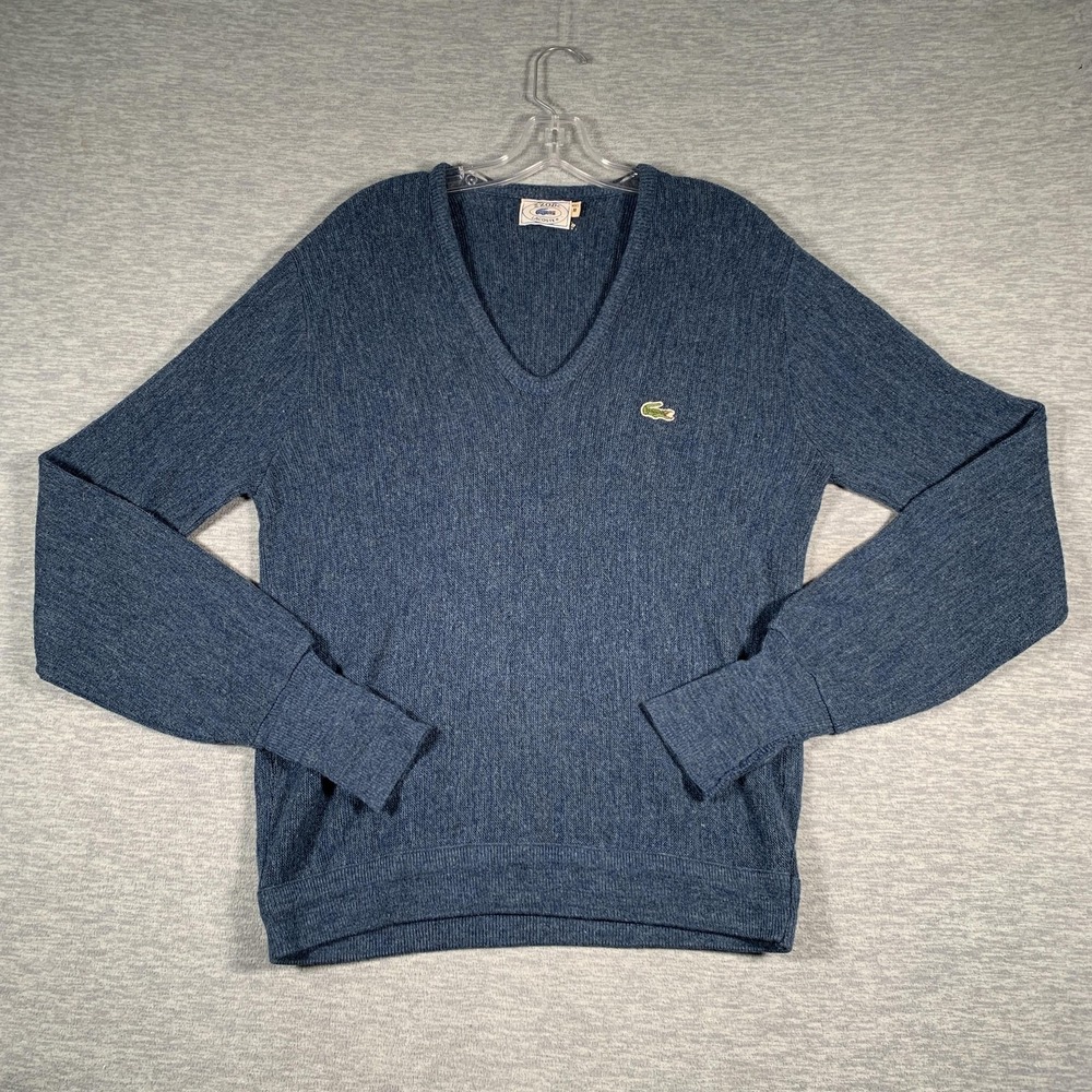 Vintage IZOD Lacoste Sweater‎ Mens Medium Blue V Neck Knit Pullover Logo 80s
